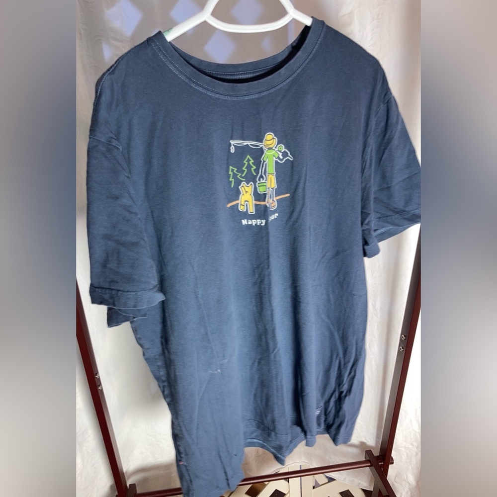 Life is Good size XL navy blue T with Happy Hour fishing graphic